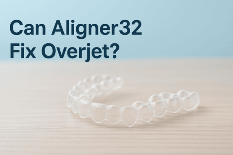 Aligner32 clear aligners on a table.