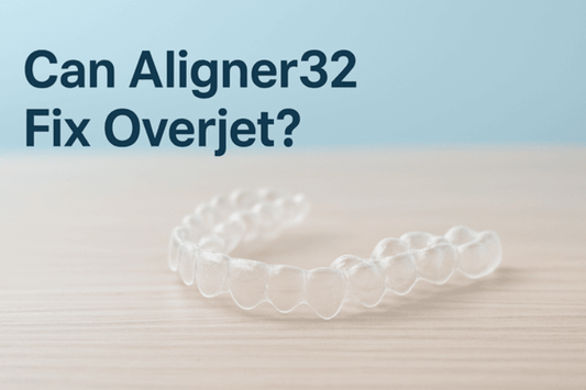 Aligner32 clear aligners on a table.