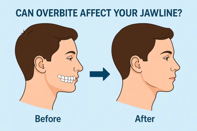 A before-and-after image of how an overbite affects a jawline