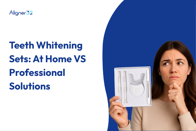 A girl is confused between a Teeth Whitening Set and a Professional Solution.