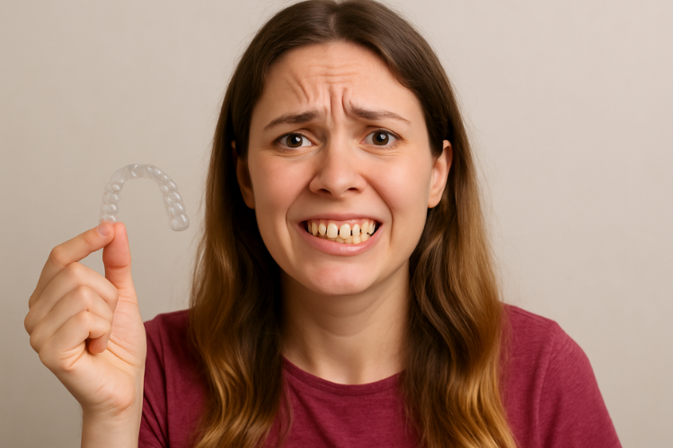 A woman with gapped teeth holding aligners, making a confused face