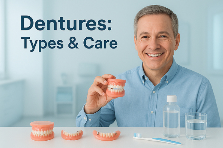 An image shows a dentist holding dentures, showing their types and cleaning solutions