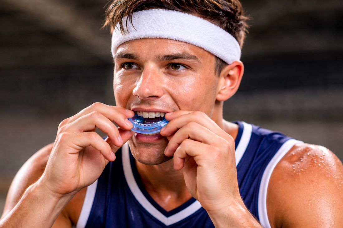 An athlete wearing a mouthguard over braces 