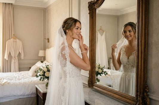 A bride smiling softly at her reflection in a large mirror.