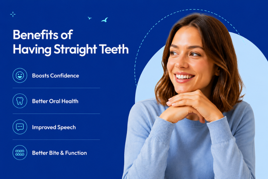 A smiling woman with straight teeth, next to a list of the benefits of straight teeth.