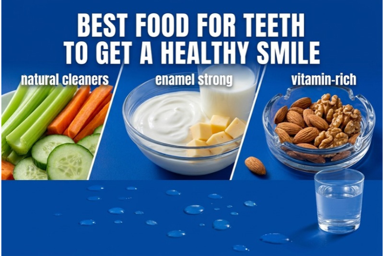 Vegetables, yogurt with cheese and nuts shown as tooth-friendly foods