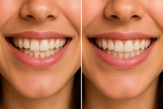 A split-screen comparison of crowded and aligned teeth