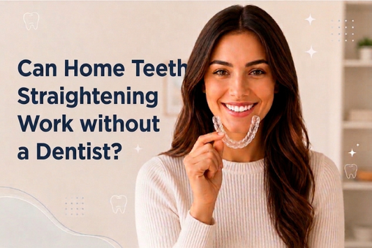 Smiling woman holding clear aligner.