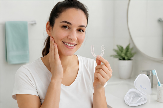 Girl holding a clear retainer after wisdom teeth removal recovery.
