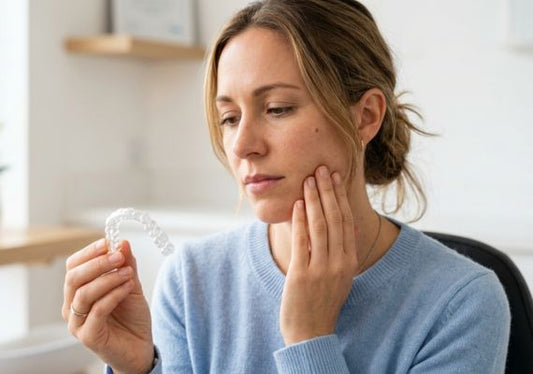 A close-up of a person with mild jaw discomfort, holding a clear retainer.