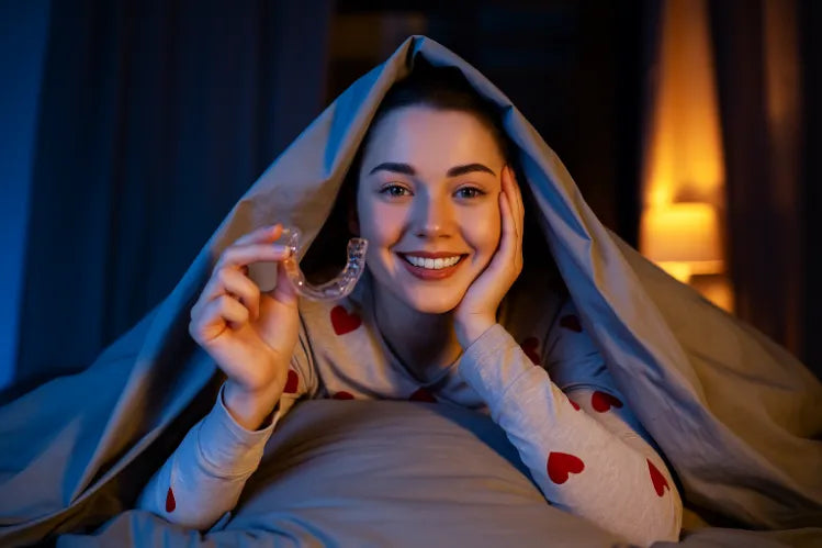 A girl holding a night guard while lying on the bed