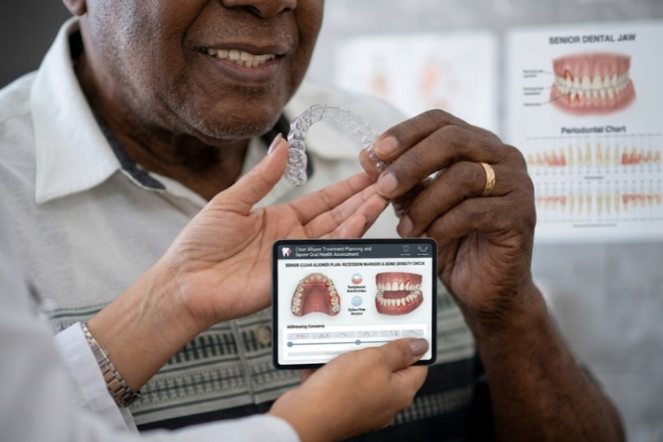 Senior man holding a clear aligner while viewing a dental scan on a phone