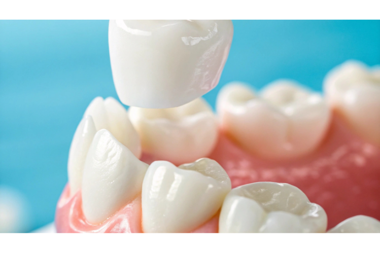 Close-up of a single, porcelain dental crown