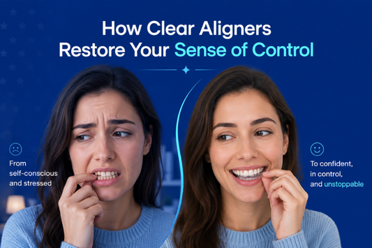 Before and after of a woman showing teeth alignment progress with and without clear aligners.