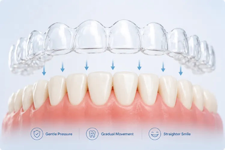 Custom clear aligners gently move teeth into proper alignment with controlled pressure.