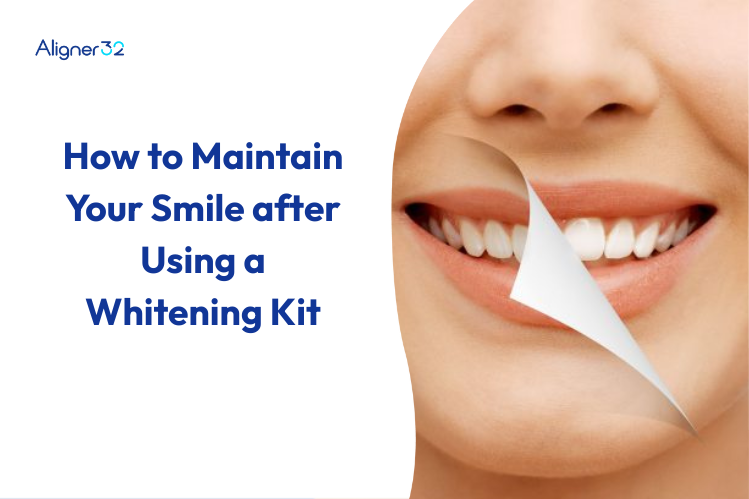 Close-up of a woman's smile showing before and after teeth whitening results.