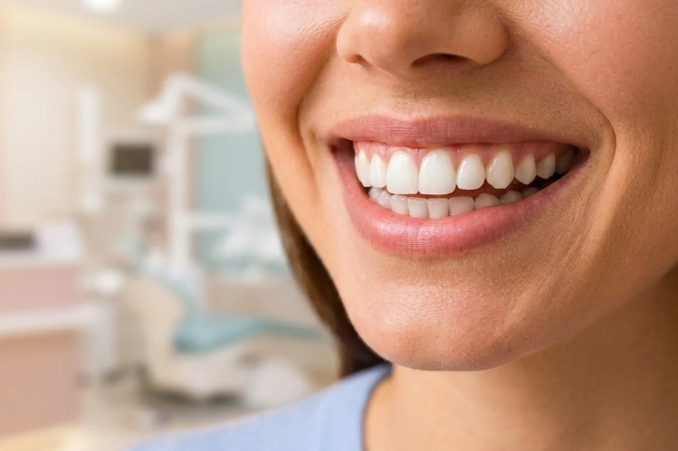 Close-up of a confident smile with straight white teeth in a dental clinic