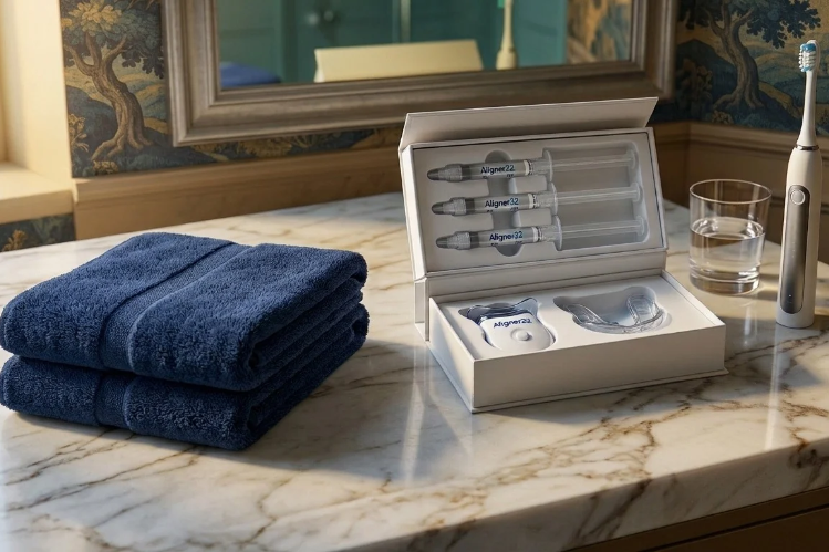Aligner32 teeth whitening kit open on a marble bathroom counter