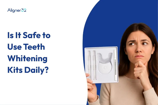 A woman holding a teeth whitening kit in one hand while thinking, “Is it safe to use the teeth whitening kit daily?”