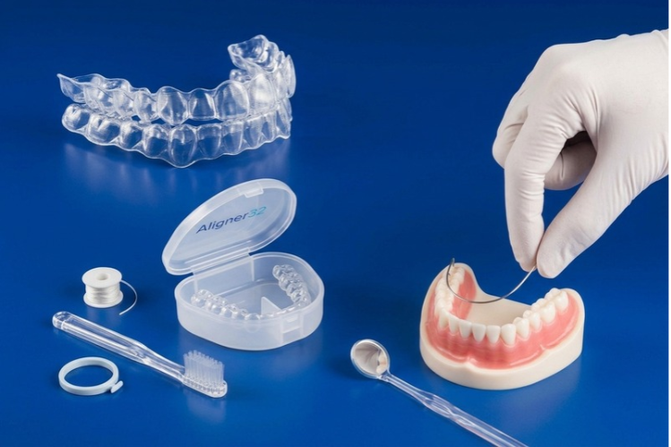Gloved hand with dental model, clear aligners and retainer case on blue