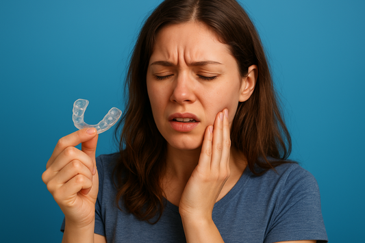 Young woman holding a clear night guard while touching her jaw in pain