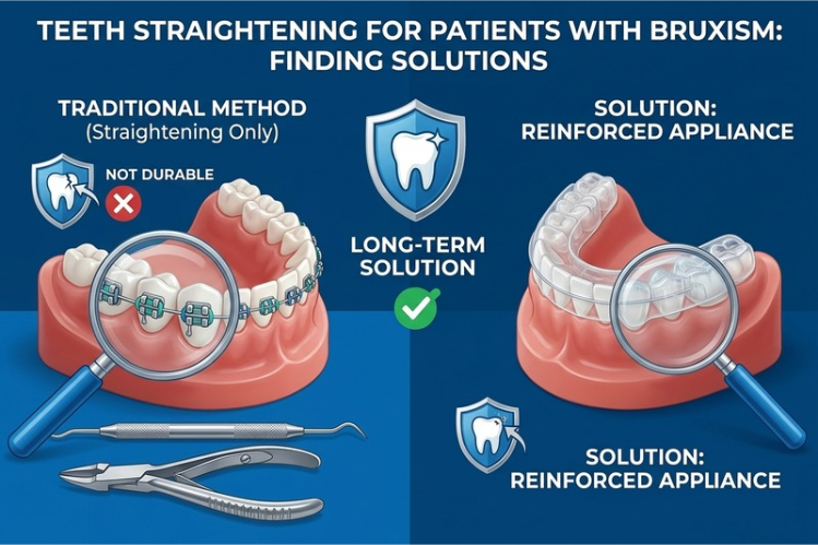 Infographic comparing braces with a reinforced appliance for bruxism patients