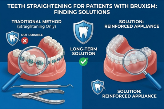 Infographic comparing braces with a reinforced appliance for bruxism patients
