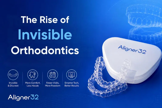 Aligner32 invisible aligners on a blue background with the title of “The Rise of invisible aligners”