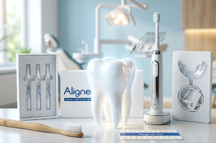Tooth model, electric toothbrush and Aligner32 whitening kit in a dental office