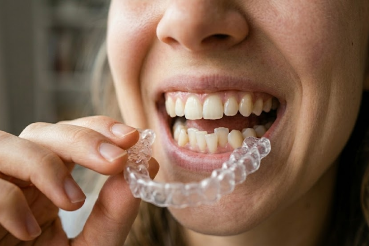 A woman smiling with crowding in the bottom teeth while holding an aligner