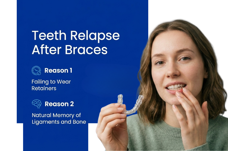 A woman holding a clear retainer, as well as reasons for relapse after braces.