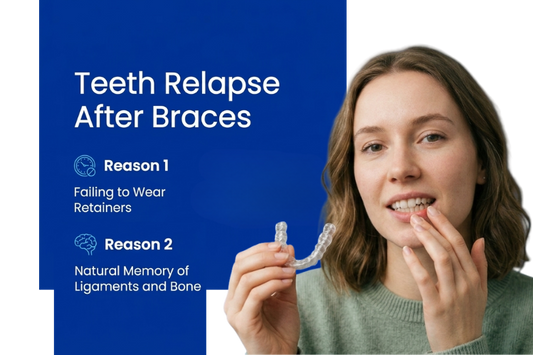 A woman holding a clear retainer, as well as reasons for relapse after braces.