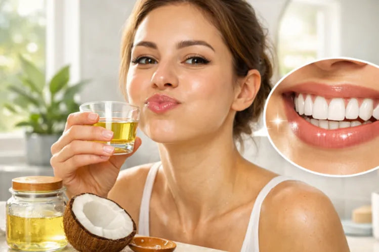  Woman practicing oil pulling with coconut oil, illustrating whether oil pulling works for teeth whitening