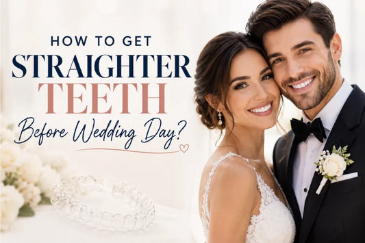 Bride and groom smiling brightly next to a clear dental aligner.