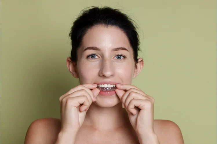 Young woman smiling while wearing clear aligners on her teeth. 