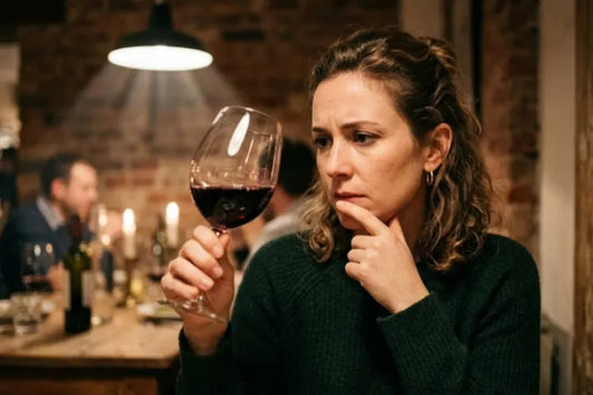 A girl drinking red wine and wondering if it can stain her teeth