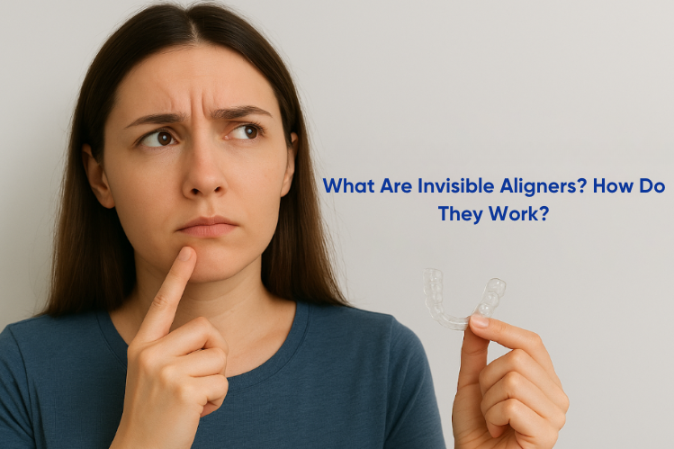 A girl holding clear aligners and wondering what invisible aligners are and how they work.