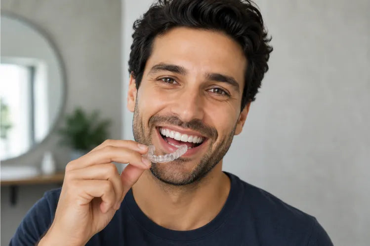 Adult Patient smiling while wearing clear aligners