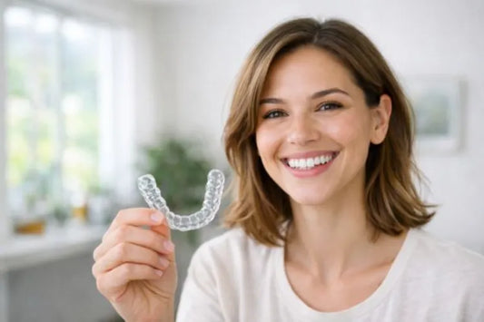 A smiling woman holding up a clear aligner