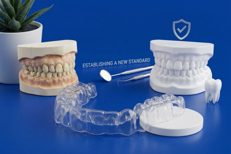 Stained and white dental models with a clear aligner on a blue background